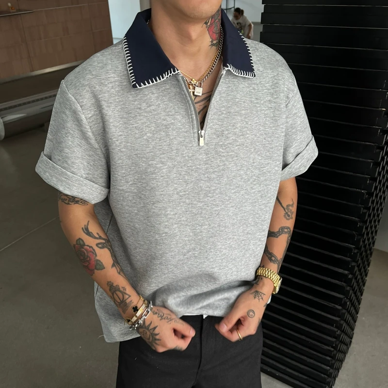 OXFREAK「手工编织线」撞色领半拉链短袖polo衫男宽松通勤翻领t恤