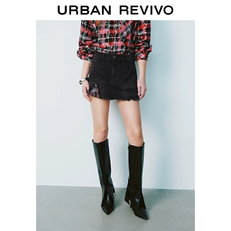 UR2025春季新款女装欧若风时髦街头水洗毛须牛仔半裙UYV850009