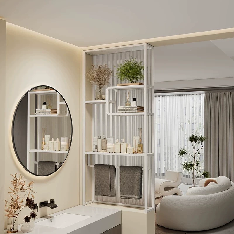 奶油风卫生间半墙隔断屏风玻璃遮挡洗漱台置物架简约现代干湿分离