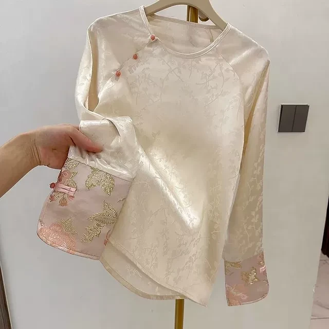 2025提花复古新款中式盘扣上衣长袖国风气质纯色衬衫设计拼接