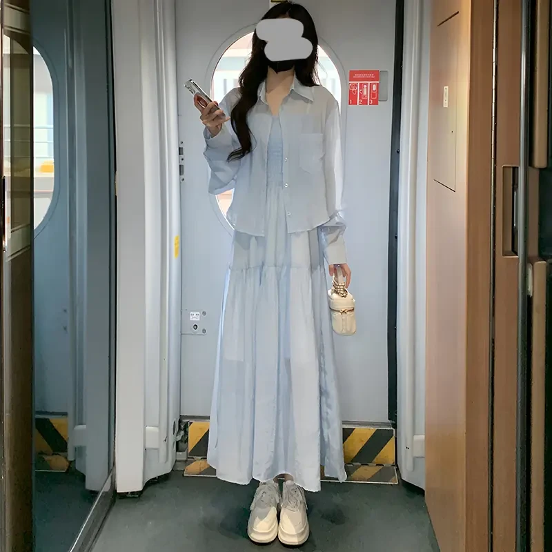 纯欲气质翻领长袖开衫衬衣女2025夏季新款内搭褶皱吊带连衣裙套装