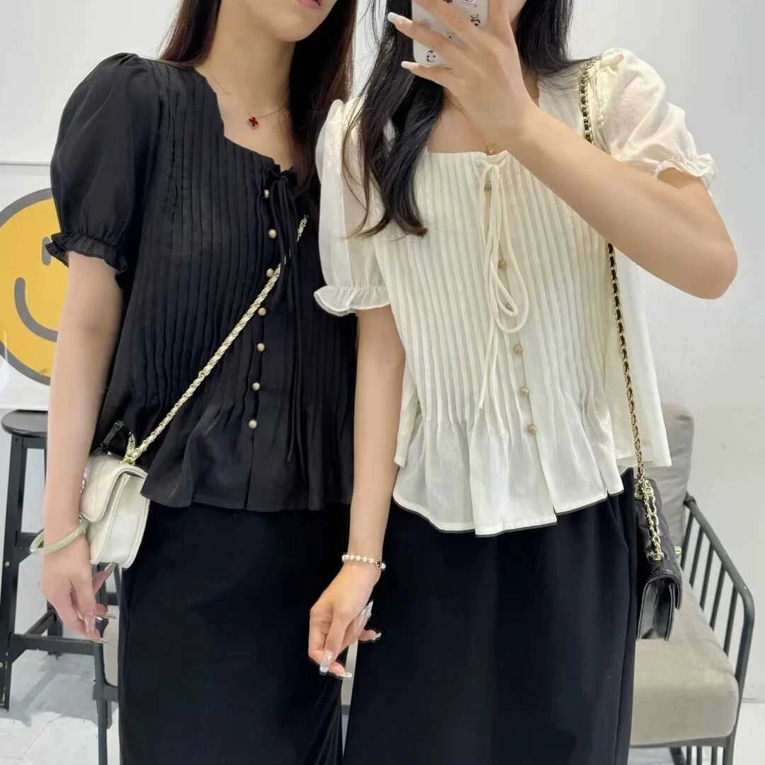 甜美泡泡袖方领细带韩版小衫衬衣女夏季新款简约气质褶皱减龄上衣