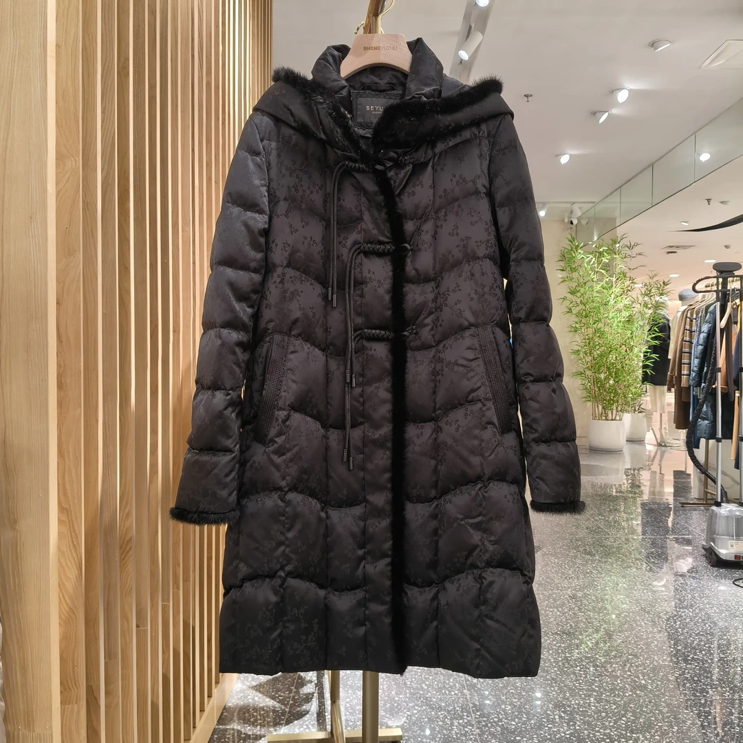 声雨竹5N850黑色连帽中长款鹅绒服外套加厚保暖鹅绒服大码女装