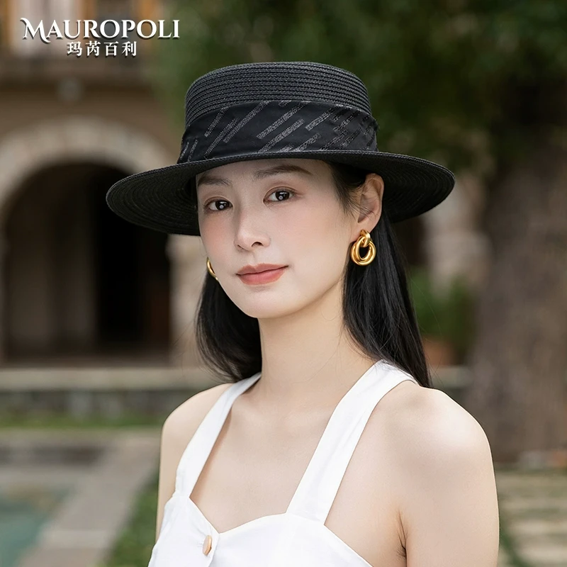 黑色平檐礼帽女夏季薄款平顶草帽女款出游时尚百搭防晒草编遮阳帽