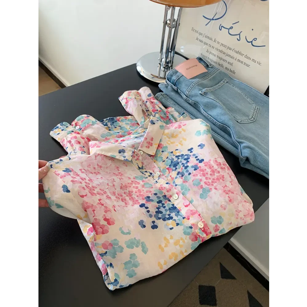 C200法式彩色碎花晕染长袖女士气质衬衣内搭打底衬衫女款翻领春秋