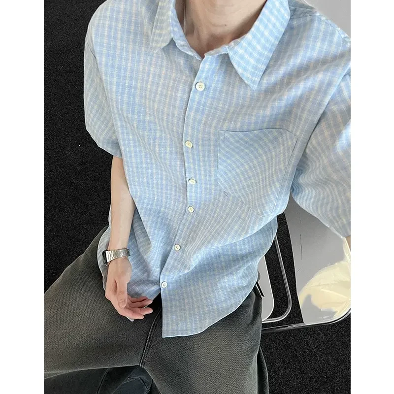 浅蓝色细格纹短袖衬衫男夏季2025新款防晒衬衣少年感高街休闲外套
