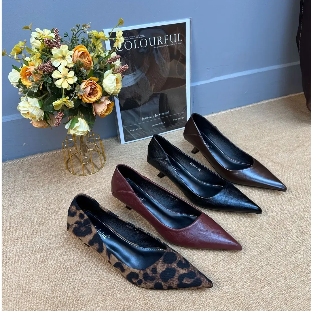 2025新款法式豹纹尖头高跟鞋职业女鞋性感浅口气质两穿细跟单鞋