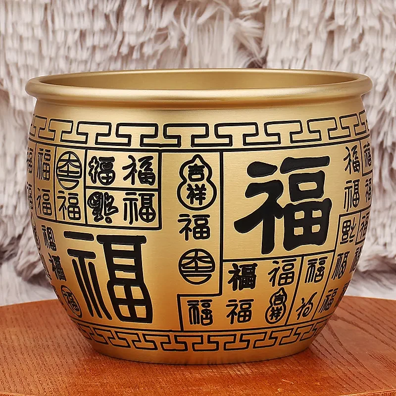 【张师亲开】黄铜精雕招财百福缸家居客厅纳福聚宝盆桌面工艺摆件