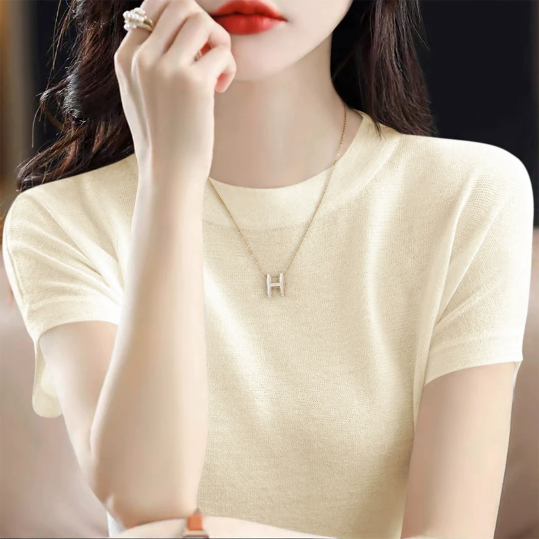2025夏季高级感气质显瘦T恤上衣新款纯色圆领宽松短袖针织衫女装
