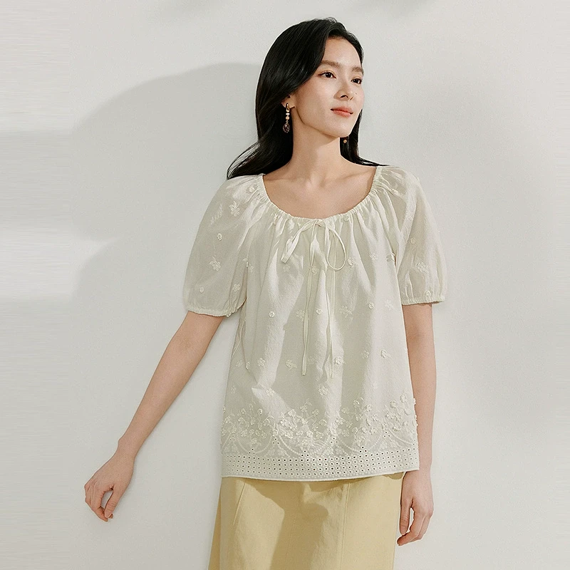 【梦诗专属】茵曼夏季法式立体花朵衬衫休闲百搭刺绣系带宽松衬衣