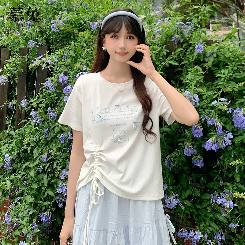 慕兔韩系甜美印花短袖t恤女2025夏季新款小个子宽松显瘦抽绳上衣