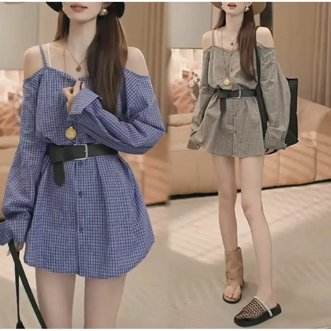 2025夏季新款韩系时尚设计感格子短裙减龄一字肩显瘦短款连衣裙女