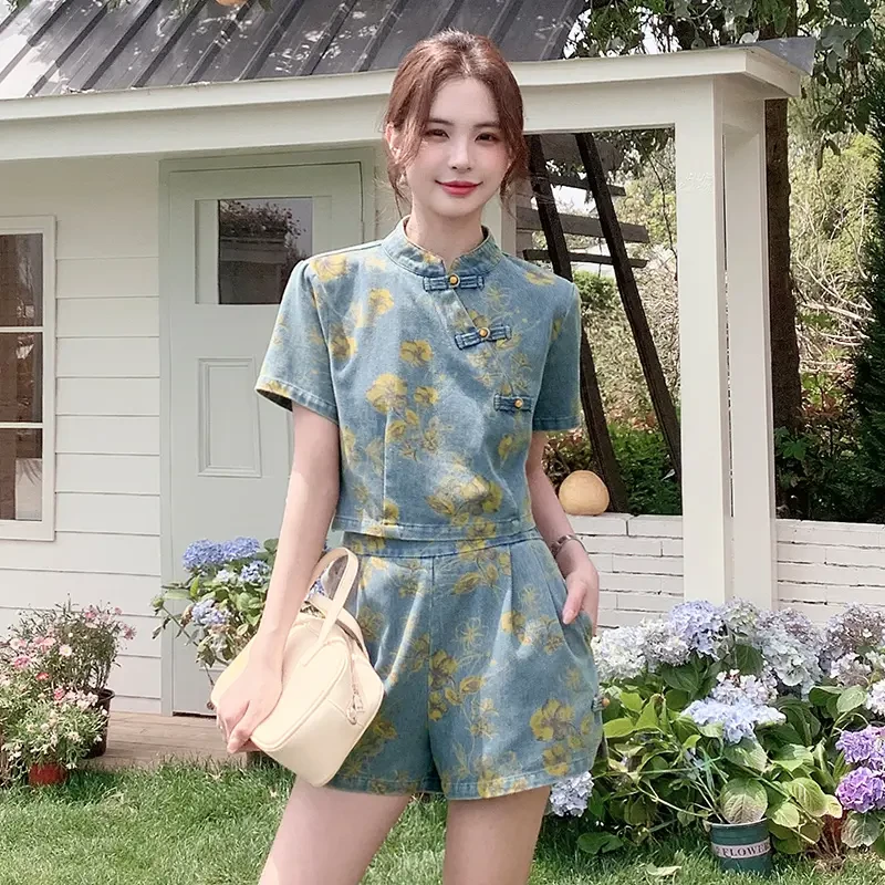 新中式国风印花盘扣牛仔套装女2025夏季新款小个子显瘦短裤两件套