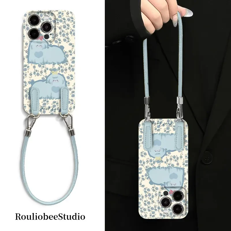 适用蓝碎花狗狗皮绳iphone16/15pro手机壳苹果14华为oppo小米vivo