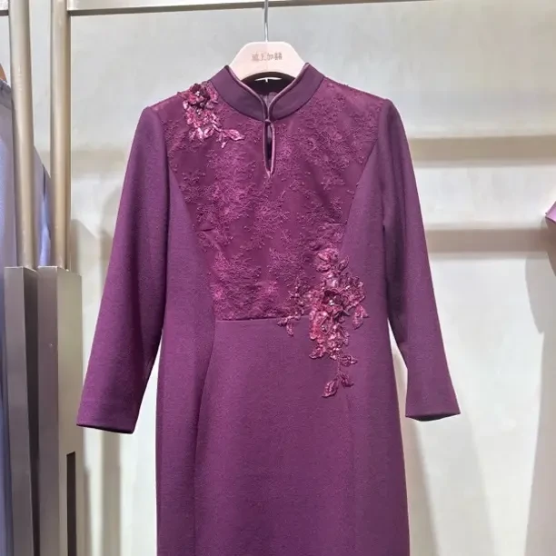 禧上加囍170197枣红色绵羊毛中长喜妈妈喜婆婆婚宴装日常修身显瘦