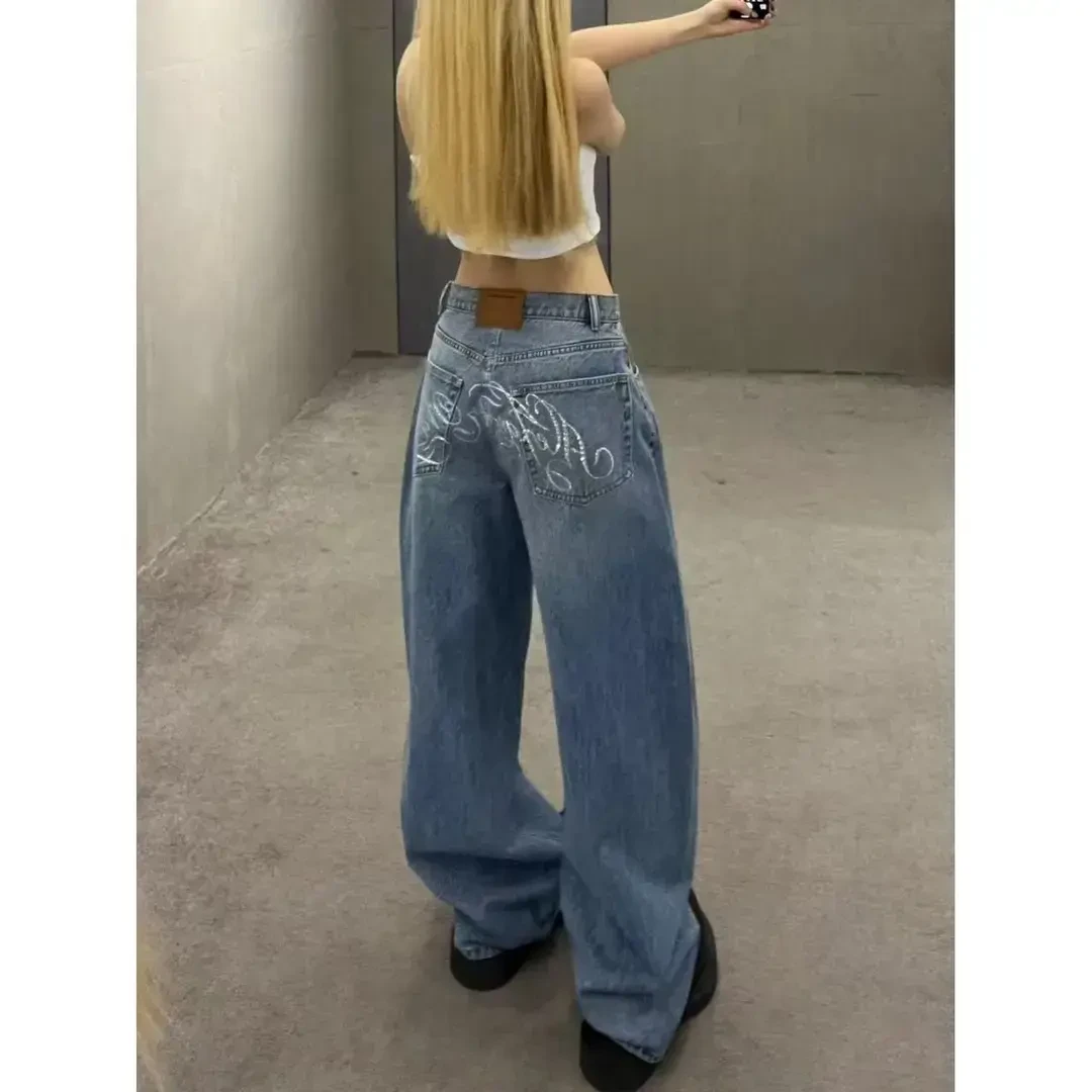 2025夏季美式高街慵懒风牛仔裤男辣妹小众设计感字母印花拖地裤