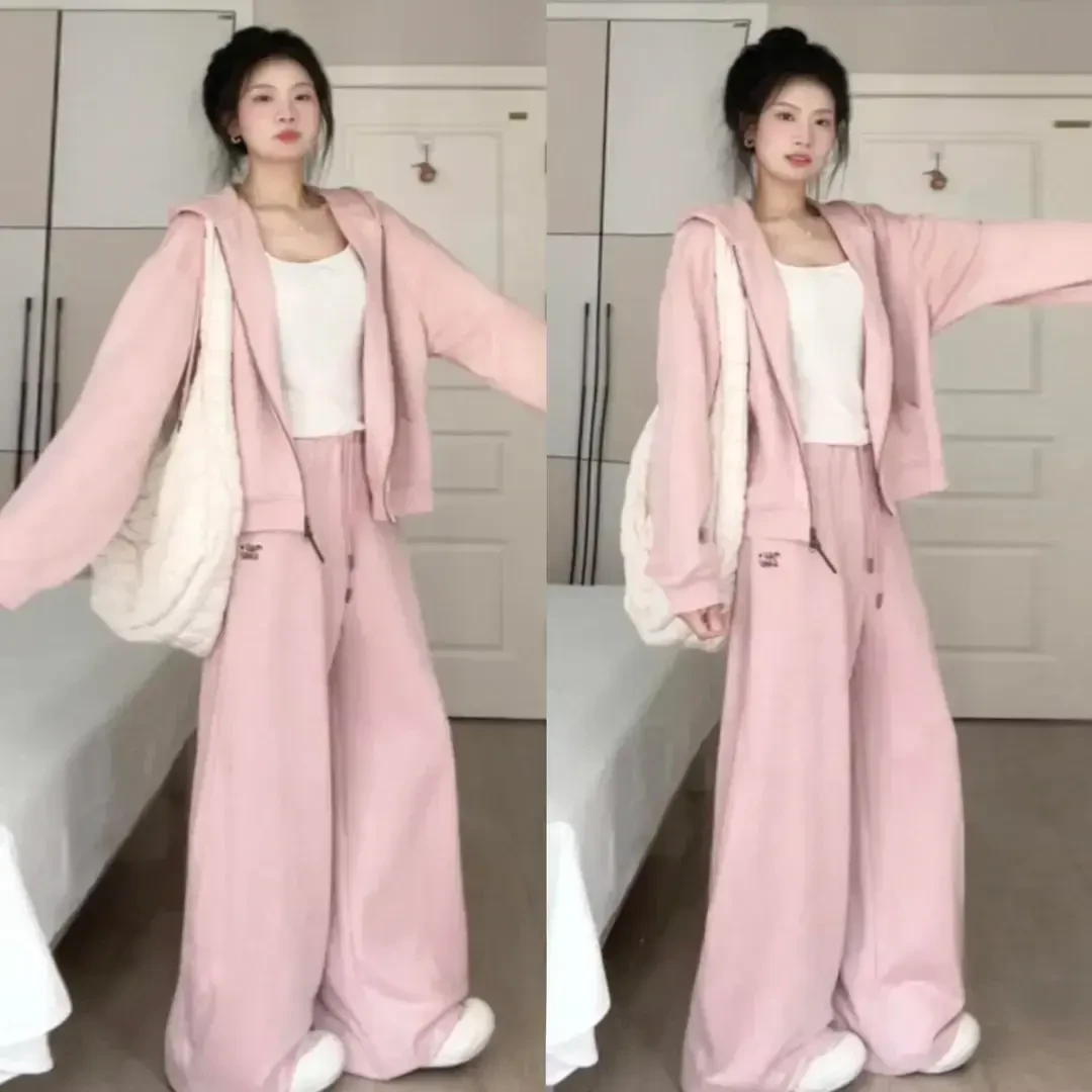慵懒风粉色连帽卫衣套装女早秋2025新款运动休闲风甜美穿搭一整套
