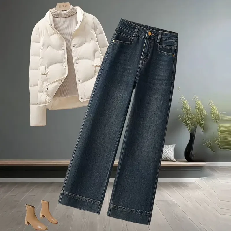丹宁蓝阔腿窄版牛仔裤女2025秋冬新款加绒显瘦小个子九分直筒裤子