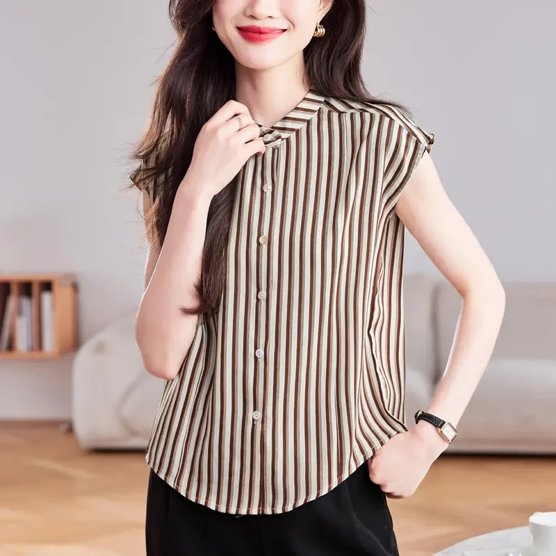 法式立领气质条纹短袖雪纺衬衫女士夏季显瘦高端洋气小衫上衣衬衣