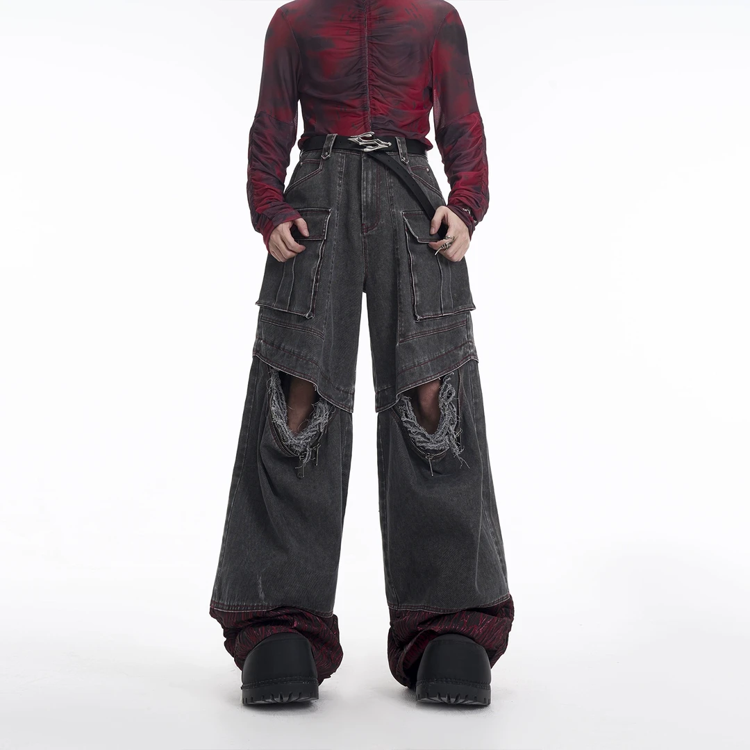 STARTEXCEEDEND小众美式复古破坏牛仔裤男款撞色拼接大口袋工装裤