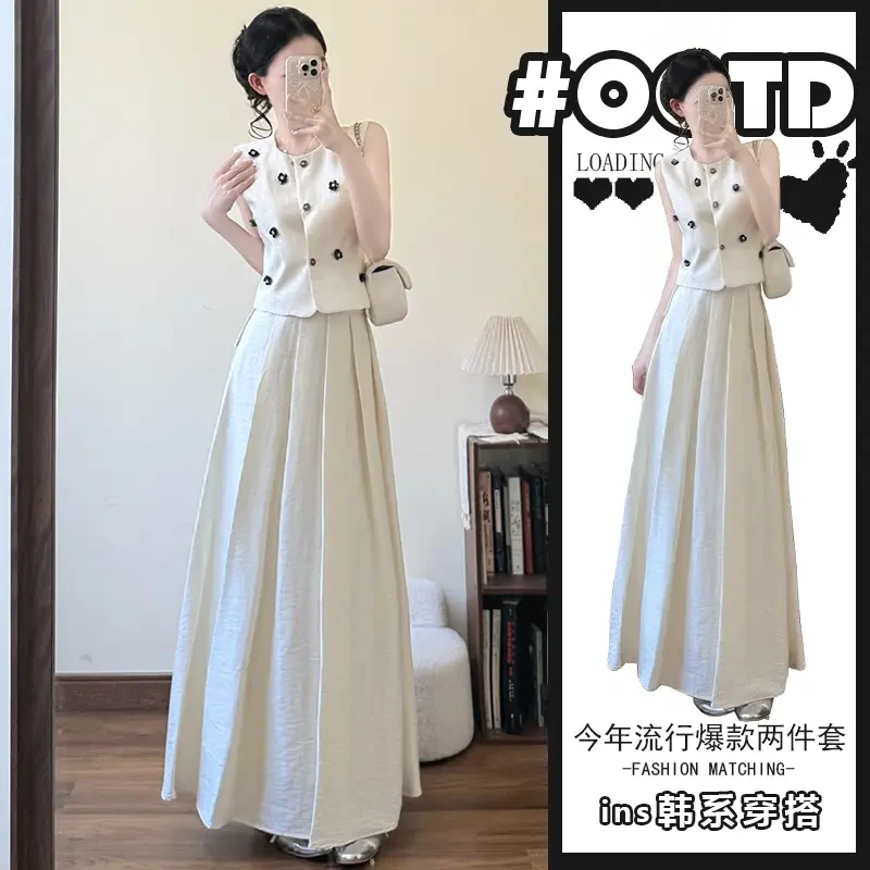 A388+A389无袖上衣马甲女搭配高腰遮肚显瘦百褶半身裙桔梗两件套