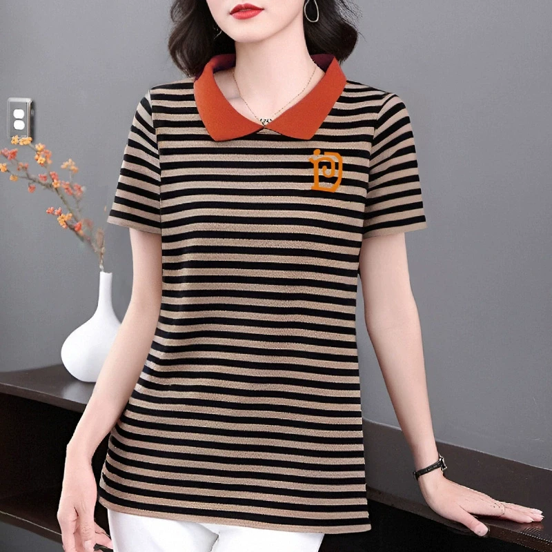 翻领条纹短袖t恤女2025年新款夏大码宽松显瘦娃娃领上衣女中长款