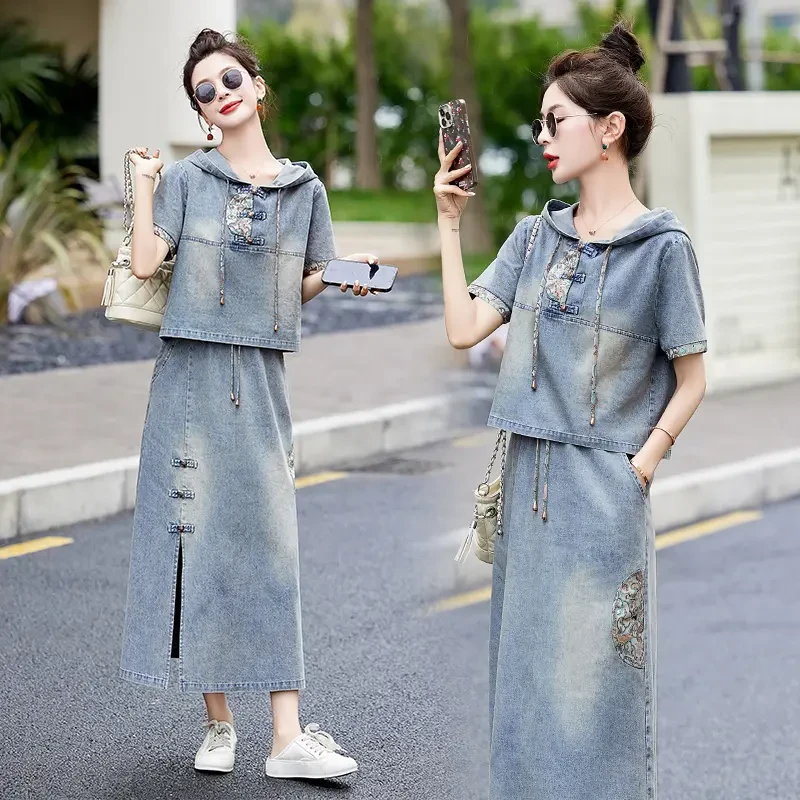 国风刺绣连帽牛仔套装裙女2025夏装新款复古洋气减龄半身裙两件套