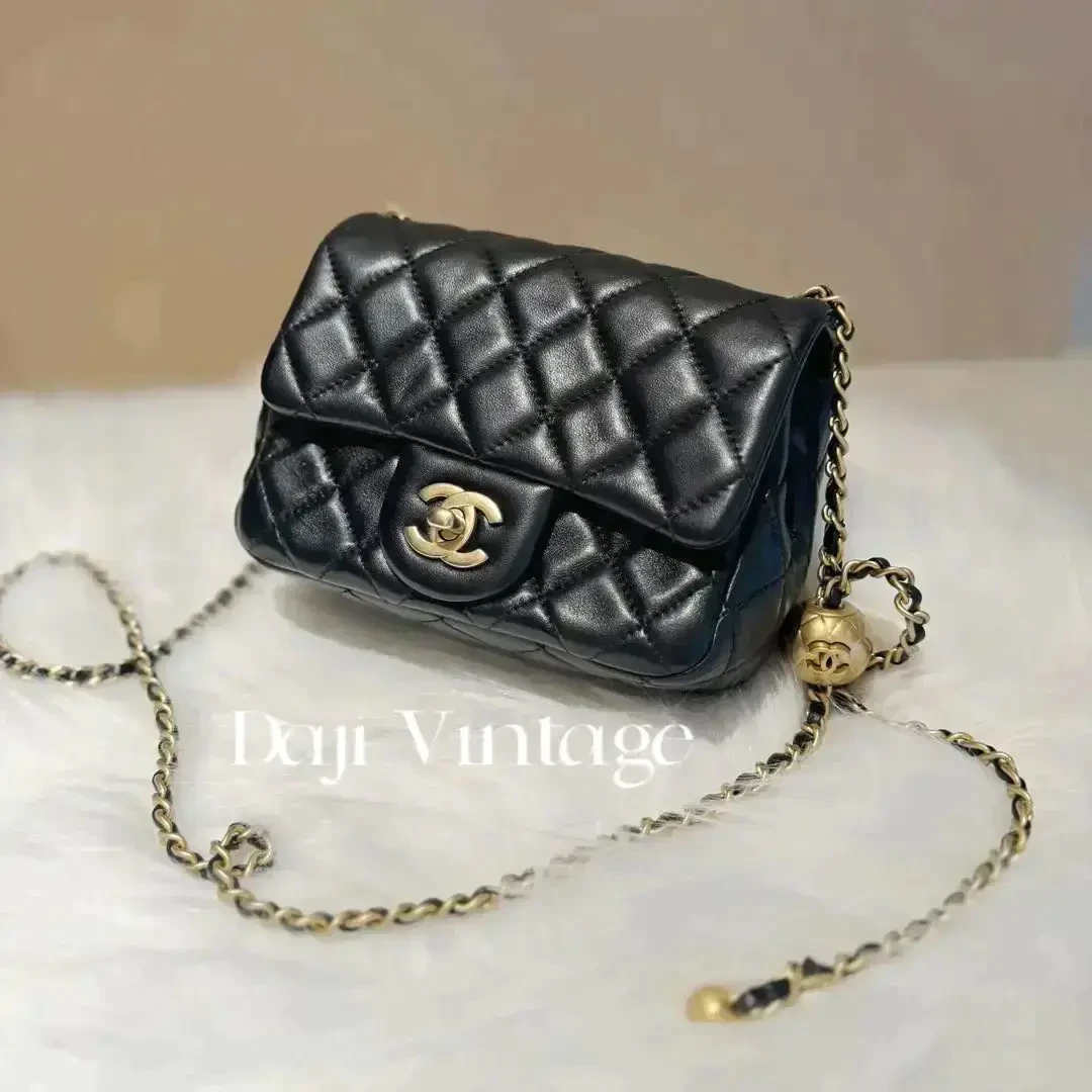 99新 Chanel/香奈儿 大吉中古/香奈儿黑金金球方胖子斜挎包