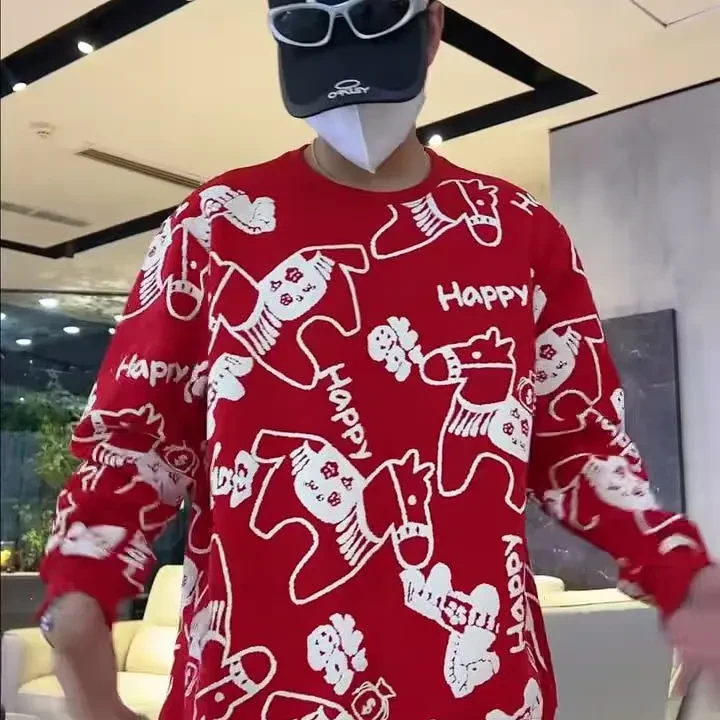 大码男士新年喜庆立体发泡印花宽松圆领长袖潮流男士卫衣