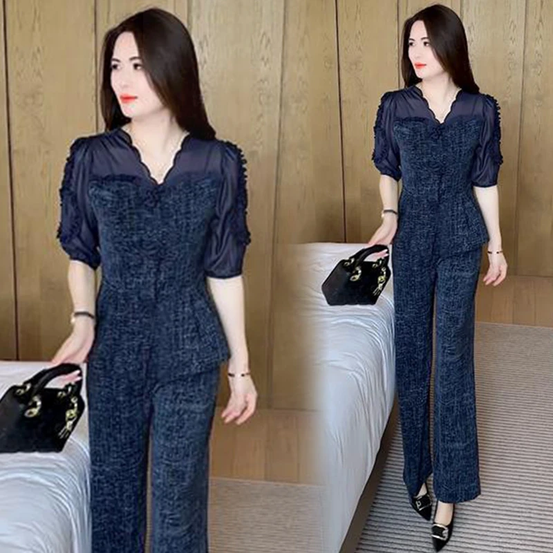 时尚套装女2025夏季新款洋气显瘦木耳边拼接短袖上衣阔腿裤两件套