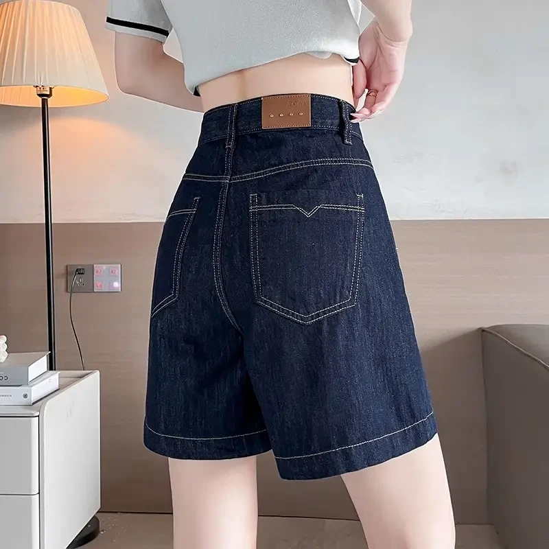 深蓝色牛仔短裤女夏季薄款2025新款高腰宽松小个子弹力阔腿四分裤