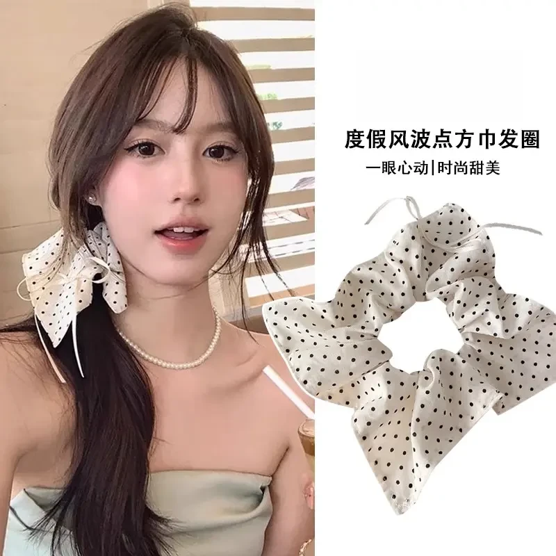 波点蝴蝶结方形大肠发圈头饰女韩系方巾飘带头花发绳发饰气质头绳