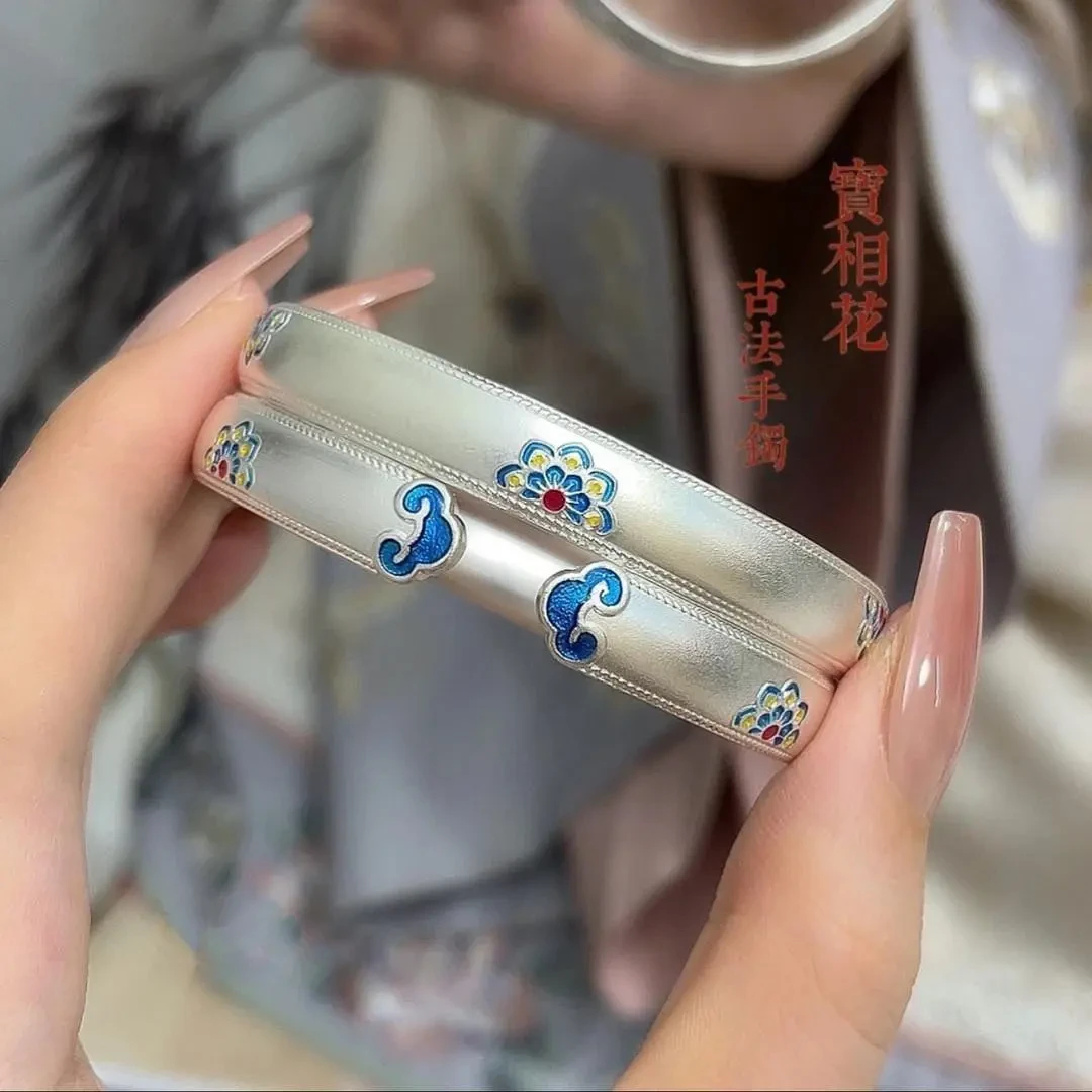 足银手镯 珐琅彩银纯银手镯宝相花如意足银999银镯女古风送女友