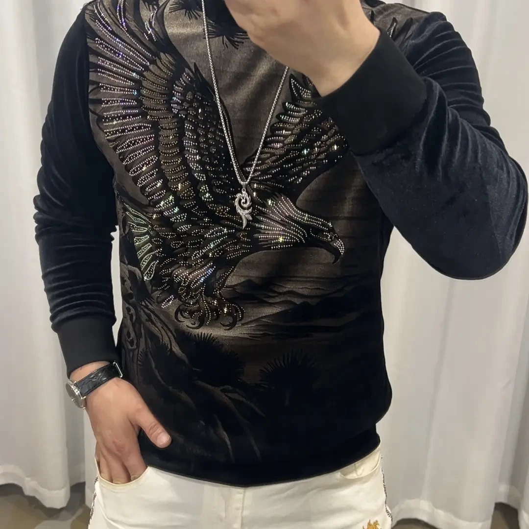 【高品质】秋冬季男士欧货长袖圆领烫钻卫衣打底衫潮流上衣25120
