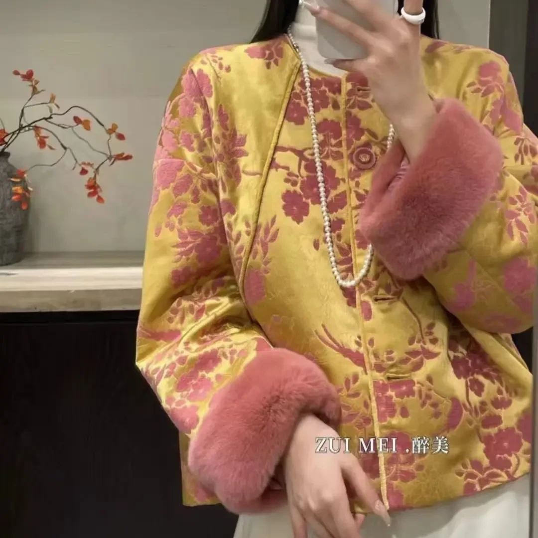 大码新中式国风粉毛袖夹棉梅花棉服外套5307