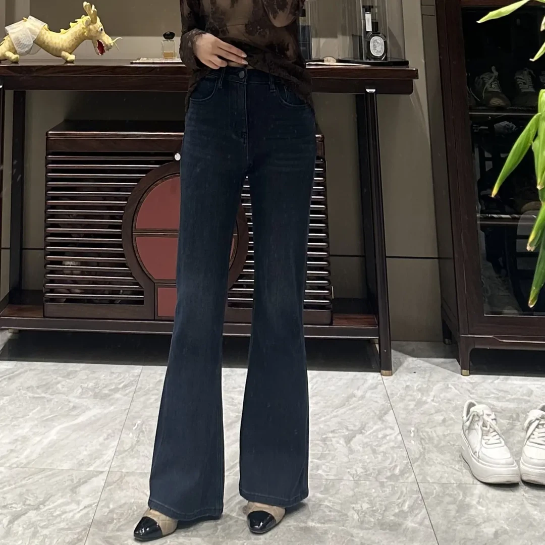 秋季新款高腰显瘦深蓝色弹力微喇牛仔裤女百搭修饰腿型