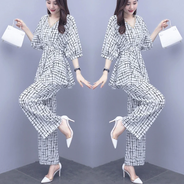 阔腿裤套装女2025年夏季新款韩版时尚气质减龄阔腿长裤格子两件套