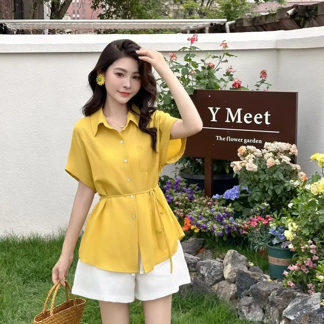 时尚衬衫女2025夏季新款洋气显瘦设计感百搭休闲系带收腰短袖上衣