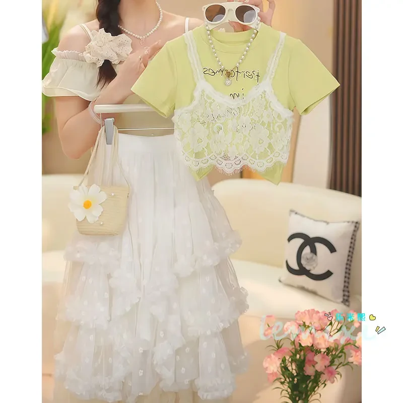 女童蕾丝短袖半身裙套装2025夏款假两件吊带恤上衣花边蛋糕裙子8