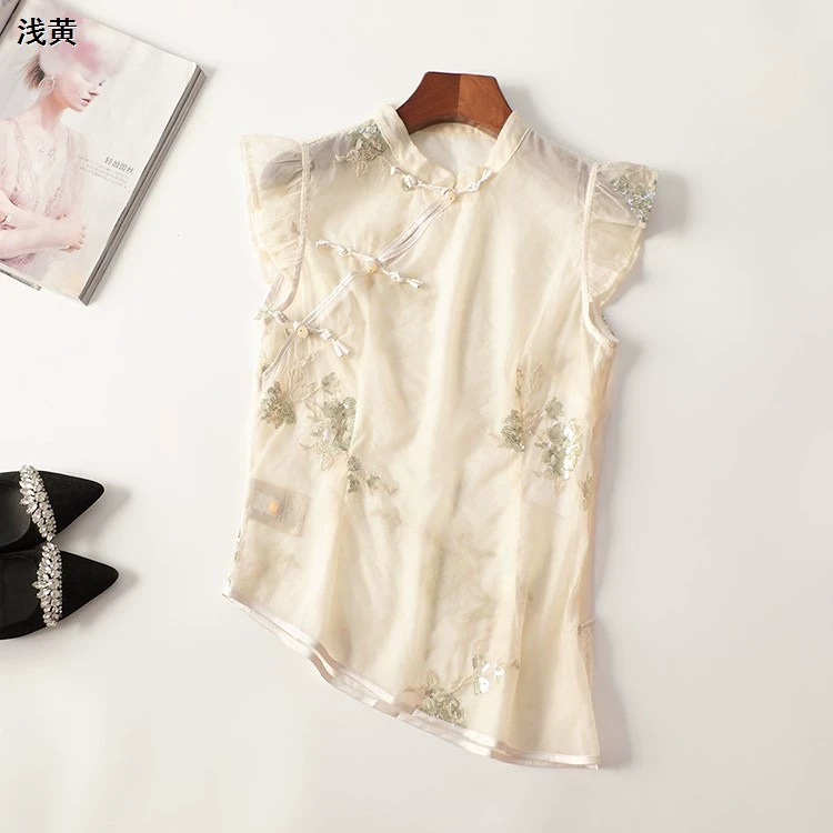 411342夏中长款短袖立领上衣温婉大方衣服