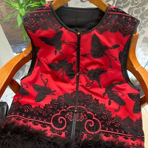 新中式国潮高定植绒工艺鸵鸟毛夹棉马甲