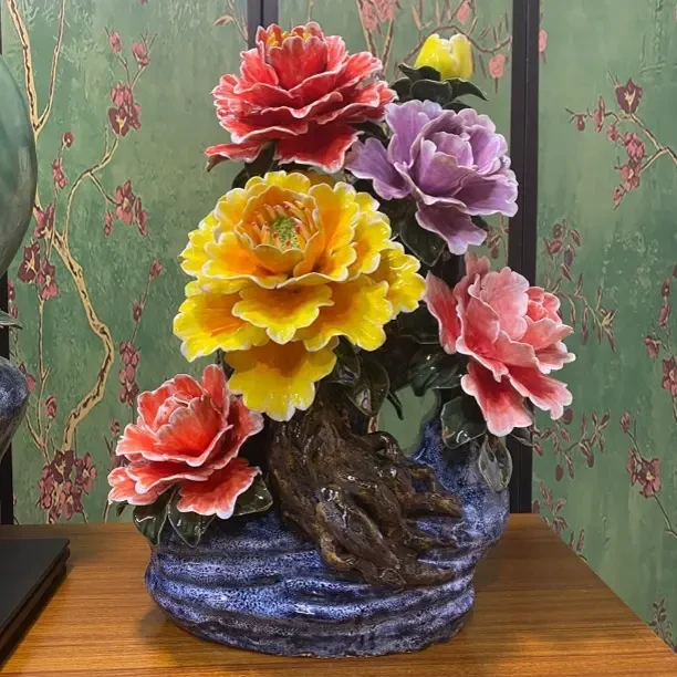 《花开富贵牡丹花》石湾公仔陶瓷摆件长38高52适合客厅玄关会所送礼