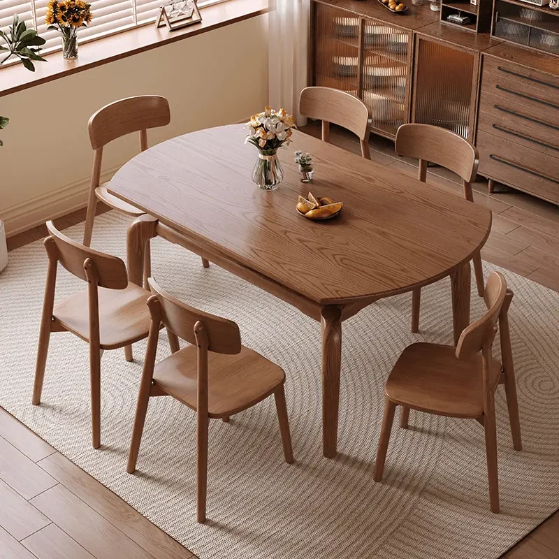 白蜡木伸缩餐桌家用小户型方圆两用折叠饭桌胡桃色中古风实木餐桌