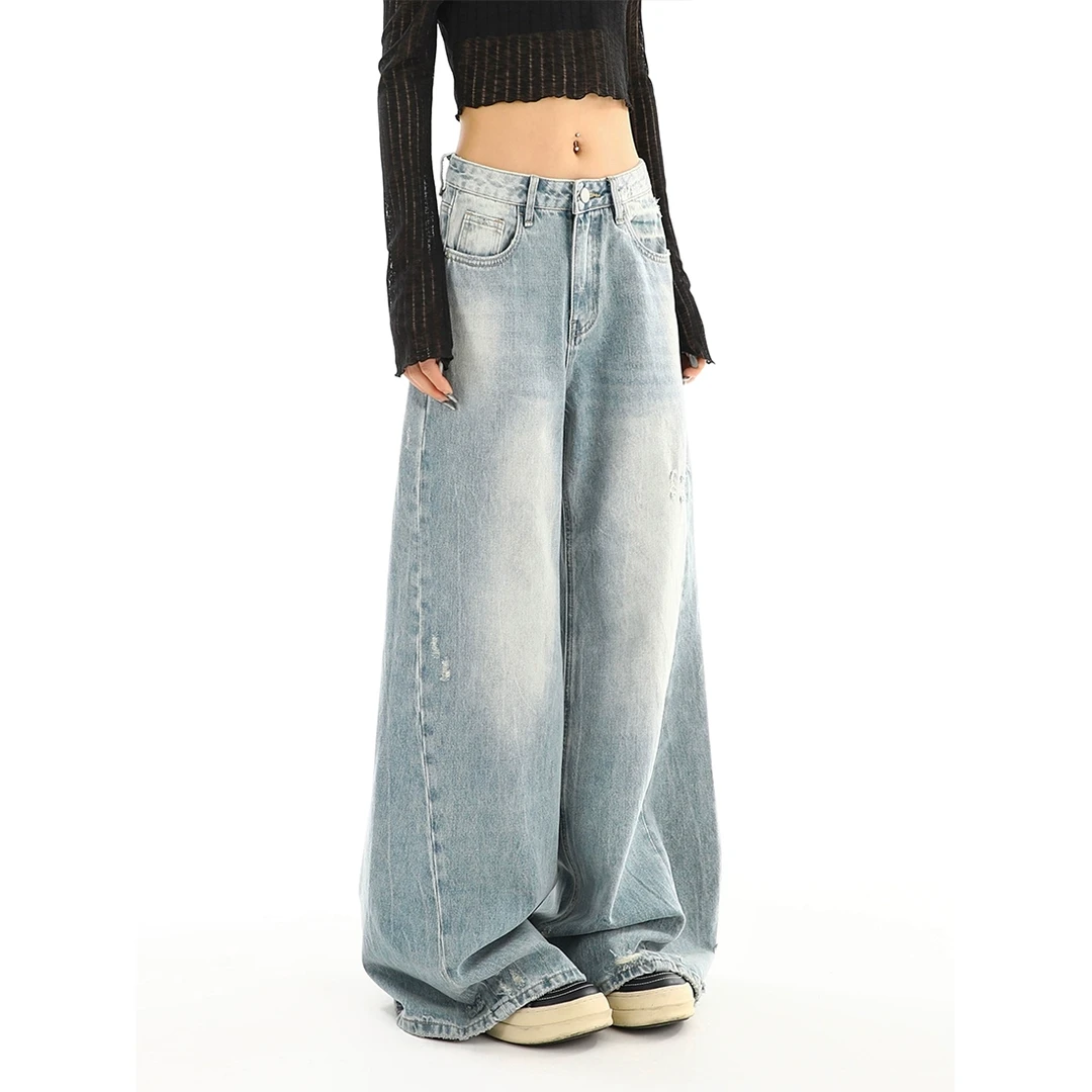 浅蓝色破洞低腰直筒牛仔裤女春季新款休闲松弛感宽松阔腿拖地裤子