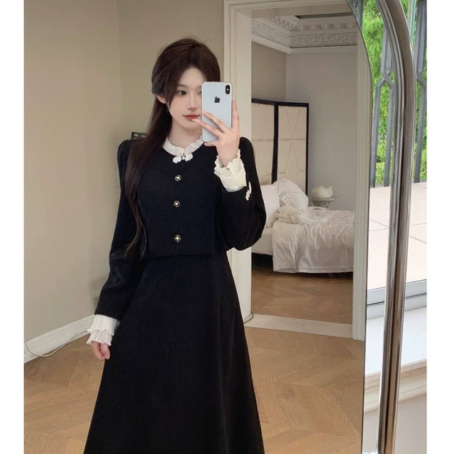 秋季穿搭后妈裙大码女装秋冬新款胖mm遮肚子显瘦法式赫本风假两件