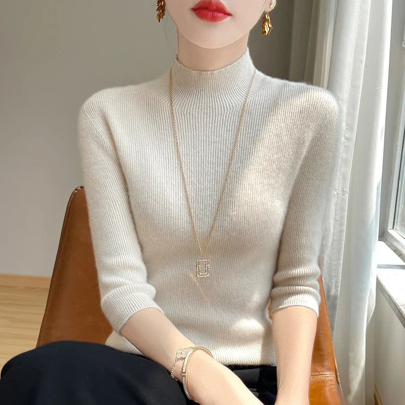 一线成衣无缝半高领打底衫女修身五分袖中袖春秋中领针织内搭上衣