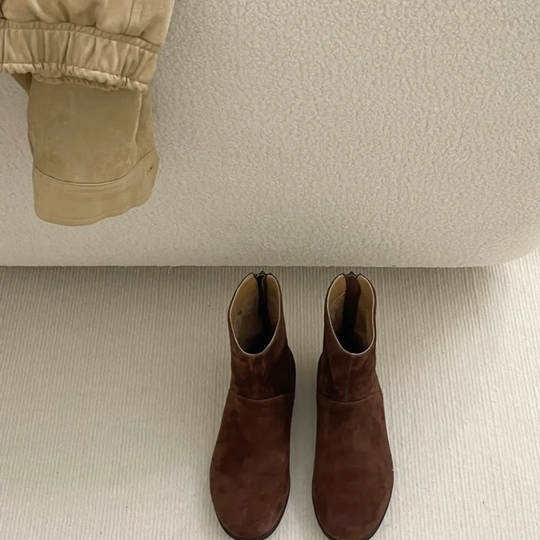 【特价清货】秋冬复古百搭圆头粗跟牛皮短靴