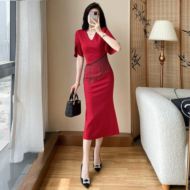 红色礼服连衣裙夏季新款高级感气质显瘦宴会敬酒服收腰鱼尾包臀裙