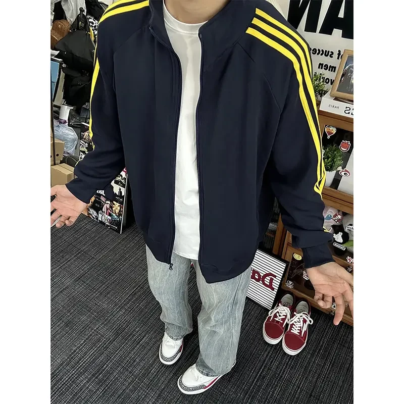 藏青色三杠条纹卫衣外套男短宽cleanfit双拉链立领棒球服运动夹克