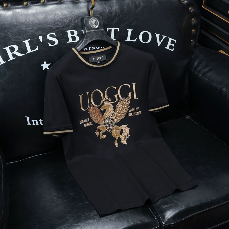 2025新款夏季T恤男短袖圆领设计感刺绣帅气丝光棉修身半袖体恤衫